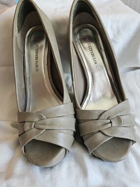 JustFab Taupe Peep-Toe Knot Wedge Heels